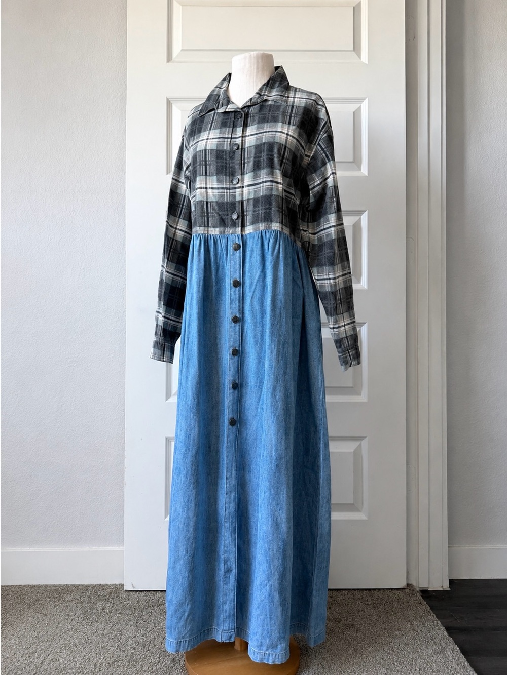 Vintage 90’s Rafaella Jeans Plaid Denim Maxi Shirt Dress Cottagecore